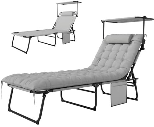 Outsunny Sonnenliege klappbar Gartenliege mit Dach Matratze, Liegestuhl mit 4-Fach verstellbare Rückenlehne, wetterfeste Campingliege bis 120 kg belastbar, Gartenstuhl für Garten Outdoor, Hellgrau