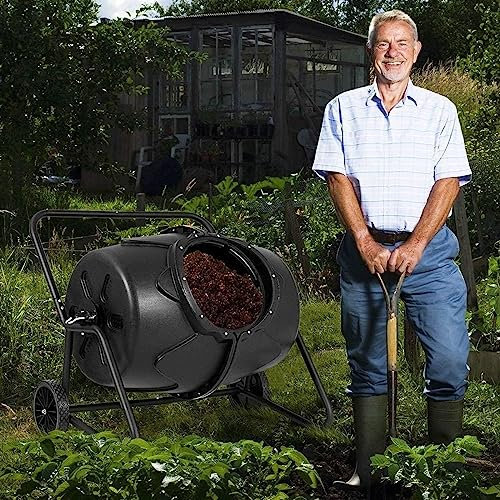 QIANMEI Tumbling Composter,190L Outdoor Backyard Plastic Tumbler Garden Compost Bin With Handle And Wheels，Easy And Fast Composing