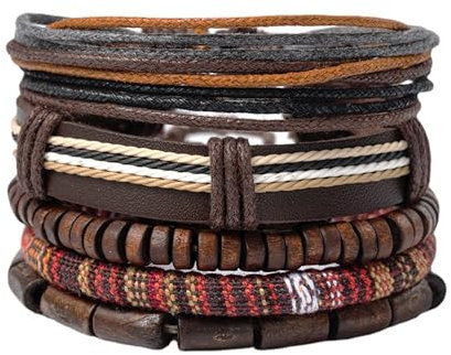 Ticome Multi Layer Cowhide Bracelet,Adjustable Handmade Wood Bead Wax Rope,Wooden Beaded Bracelet Bangle for Men Women,Bohemian Style Tourism Accessories(1set of 5 pcs)
