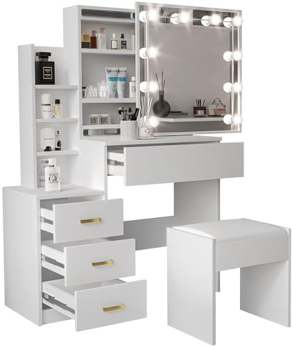 Blisswood Dressing Table with Mirror and Stool, Vanity Desk with 4 Drawer 3 open Storage Shelves and 3 Hidden Shelves with LED Bulbs, Modern Makeup Table for Bedroom & Living Room (White)