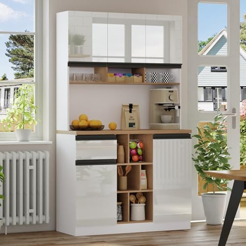 PUGSDRLY Buffet Cuisine 105x45x185cm,Buffet Haut,Meuble Cuisine Rangement avec Étagères Réglables,Tiroirs,Étagères Ouvertes,Poignées Métalliques,pour Salon(Blanc)