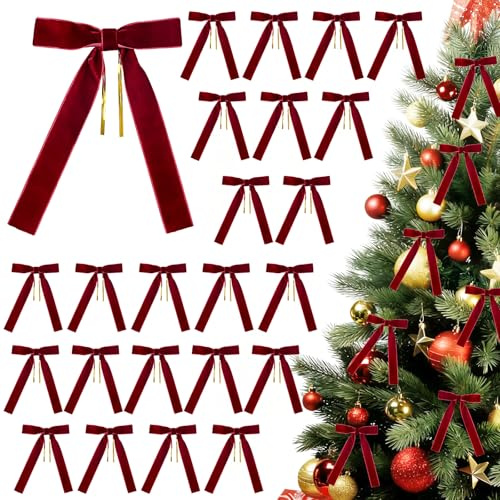 DARENYI 24Pcs Velvet Christmas Tree Bows, Red Bows for Christmas Tree, Red Christmas Tree Decorations Bows for Garland, Wreath, Gift Wrapping, Indoor Outdoor Holiday Party Decorations (Red)