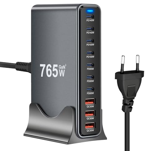 765W USB Ladegerät Mehrfach - 10 Ports Schnellladegerät mit 7 USB C + 3 USB A, Power Ladestation für mehrere geräte kompatibel mit MacBook, iPad, iPhone 16/15/14 Serie, Galaxy S22/ S20, Dell, HP