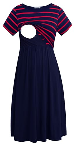Smallshow Women's Short Sleeve Casual Maternity Nursing Dress for Breastfeeding Navy Wine Stripe-Navy L