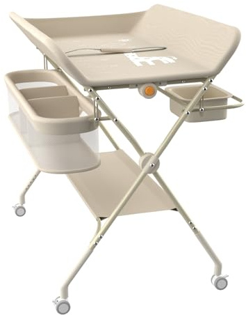 HUOLE Table à Langer Pliable,Ceinture de sécurité et 4 Roues avec Frein, 5 Réglable en Hauteur, Plan à Langer avec Panier Latéral et roulettes et 3 Jouets, pour Chambres d'enfant,75 * 68 * 83-91cm
