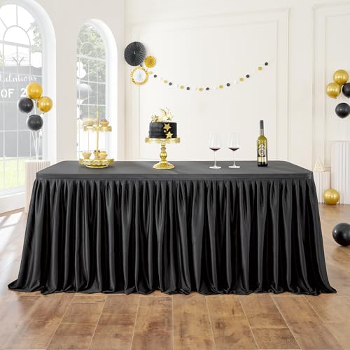 72inch Black Polyester Table Skirts for Rectangle Tables 6ft(Cover Front), Wrinkle Free Pleats Ruffle Cloth Table Skirt for Banquet Wedding Party Cake Dessert Tables Decorations