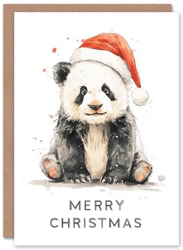Artery8 Christmas Card Cute Panda Bear Wearing a Santa Hat Watercolour