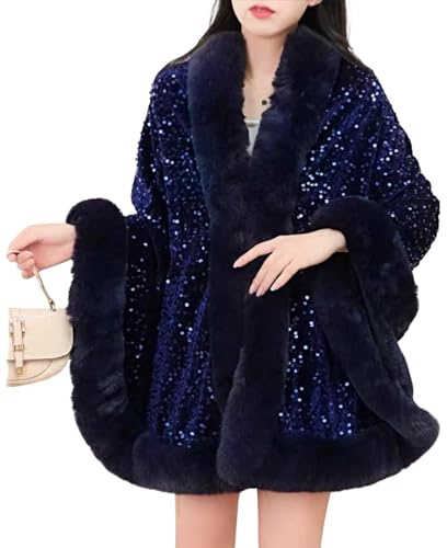 Vhersily 2026 Poncho Pailletten Damen Capes Strickmantel Umhang Pailletten Schal mit Kragen aus Kunstfell Cardigan für Party Winter Hochzeit Braut Mode für Tanz