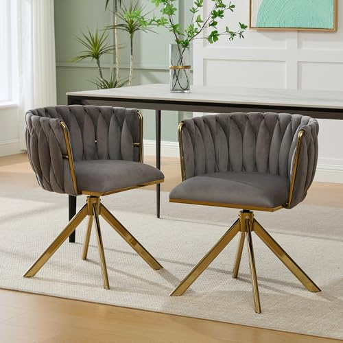 A ALFRESCOOL Esszimmerstühle 2er Set, Esstisch Stühle, Küchenstuhl, Sessel mit Velvet-Schwerlastmetallgestell, 180°-Schwenkfunktion, für Esszimmer, Wohnzimmer, Büro, 56×50×70cm (Grau+Gold)
