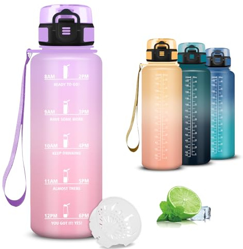 Mujigaga Trinkflasche- 1.5 Liter- Trinkflasche Sport, Wasserflasche mit Zeitmarkierung, für Kohlensäurehaltige Getränke, Wasserflasche Auslaufsicher, für Camping, Wandern, Yoga, Outdoor