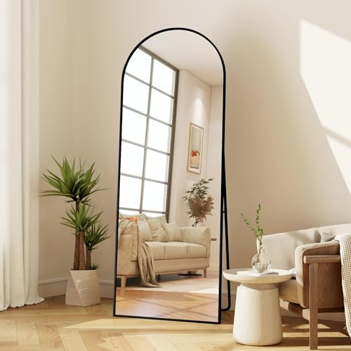 FEEOHOME Grand Miroir sur Pied 164x54 cm, Miroir Intégral bombé avec Cadre et Structure Peut être Suspendu, posé ou fixé au Mur, Miroirs Noir pour Salon, Chambre à Coucher, entrée Noir