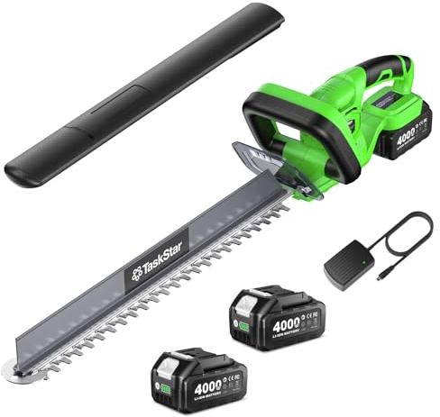TaskStar 56 cm Akku Heckenschere, Elektrische Heckenschere mit Drehbarem Griff & Schnittgutkehrer, 2 x 4,0 Ah Akku, Doppelklinge für Rundum-Hecken- und Strauchschnitt im Garten