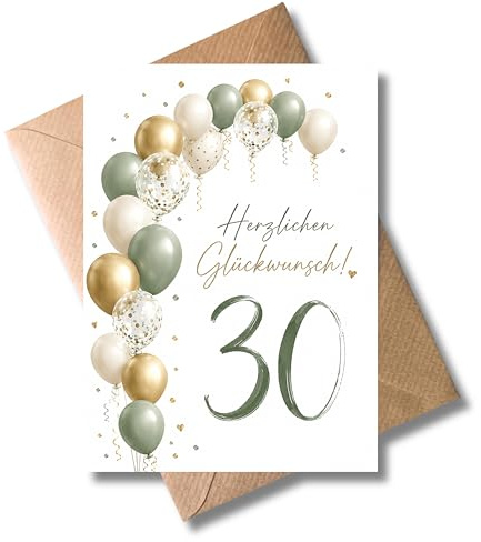 WBdesignz Geburtstagskarte zum 30. Geburtstag mit Umschlag - elegante Karte „Herzlichen Glückwunsch - Ballongirlande - Glückwunschkarte zum 30.Geburtstag für Frauen & Männer (DIN A6)