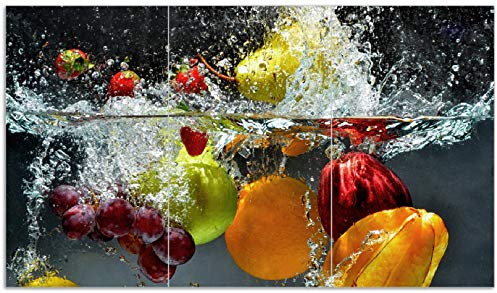 Wallario Herdabdeckplatte/Spritzschutz aus Glas, 3-teilig, 90x52cm, für Ceran- und Induktionsherde, Früchte im und unter Wasser - Splashing Fruits