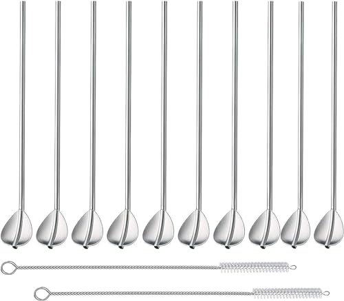 Ouinne 10 Pièces Pailles Reutilisables, Cuillères en Acier Inoxydable Résistant à Cocktail Agitateurs avec Brosse de Nettoyage