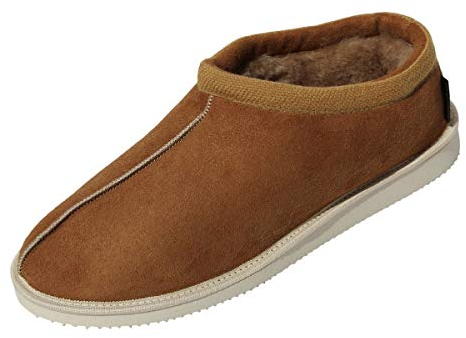 Hollert Herren Lammfell Hausschuhe Schäfer Jakob Halbschuhe Fellschuhe 100% Merino Schaffell atmungsaktiv warm Schuhgröße 46, Farbe Cognac