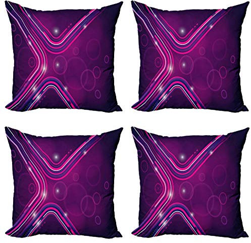 ABAKUHAUS Aubergine Dekokissen Kissenbezug 4er Pack, Lila Linien Kreise, Modern Accent Doppelseitiger Digitaldruck, 45 x 45 cm, Violett Rosa