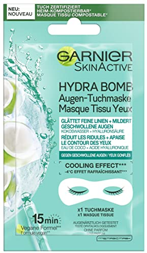 Garnier Augen-Tuchmaske, Feuchtigkeitsspendend, Gegen geschwollene Augen, Glättung feiner Linien, Vegane Formel mit Kokoswasser und Hyaluronsäure, Hydra Bomb, 6 g