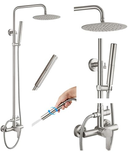 gotonovo Ensemble de robinets de douche d'extérieur en nickel brossé 304 avec pommeau de douche 2 en 1 cylindrique 2 fonctions - Fixation murale - Poignée unique