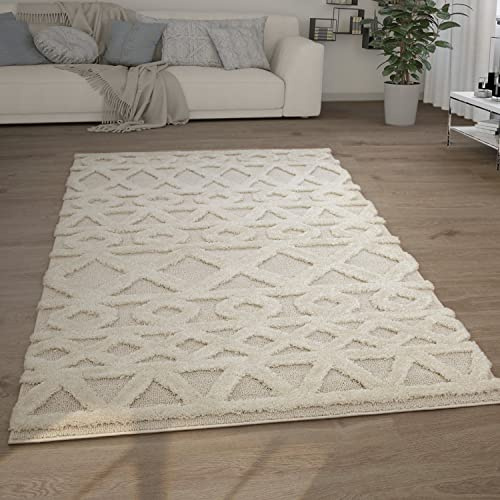 Paco Home Hochflor Teppich Wohnzimmer Shaggy 3D Optik Ethno Boho Vintage Look Weich, Grösse:80x150 cm, Farbe:Creme