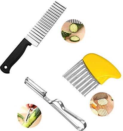Stainless Steel Wave Knife 2Pcs + 1Pcs Paring Knife Set，for Potatoes, French Fries，Onion and Fruits，for Easy Cutting.Plastic Stainless Steel Potato Vegetable Grater, French Fries Knife, Potato Cutter.