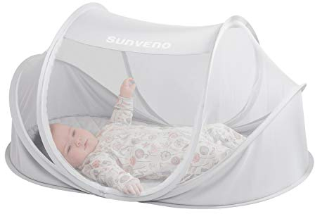 SUNVENO Großes Babyzelt, tragbares Baby-Reisebett, Strand-Sonnenschutz, Pop-Up-Kleinkindnetz – tragbar und waschbar, drinnen und draußen (White)