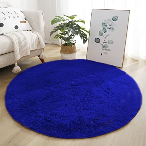 Lifup Teppich Shaggy Anti Rutsch Pflegeleicht, Rund Langflor Teppich für Wohnzimmer Schlafzimmer Kinderzimmer Königsblau 80 cm