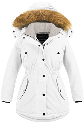 CREATMO US Girl's Warm Sherpa Lined Jackets Waterproof Ski Jacket Winter Snow Coat Windproof Raincoats White 6/7