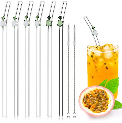 6 Pcs Glass Straw with Design Shatter Resistant Reusable Clear Bent Cute Straws 8 mm x 7.9 Inch with 2 Pcs Cleaning Brush for Drinking Smoothie Cocktail Shakes Beverages(Turtle)