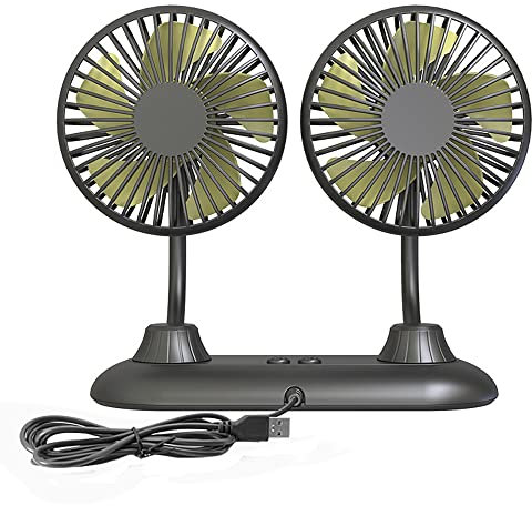 Riloer Ventilatore auto a doppia testa USB 360° - Mini ventilatore multifunzione per auto a tre velocità per casa e auto