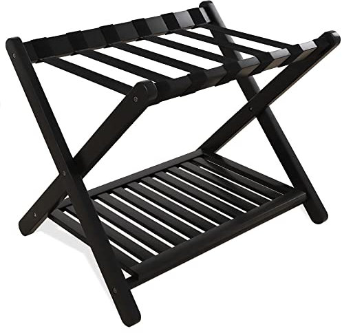 SMIBUY Porte-bagages, support de valise pliable en bambou avec étagère de rangement pour chambre d’amis, chambre, hôtel, robuste (noir)