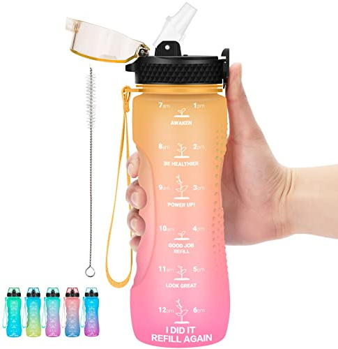 AIDEAMART 24 OZ Motivational Kids Water Bottle With Time Marker,Straw Lid,Leak Proof, Tritan BPA Free Sports Water Bottle Yellow Pink(1 Lid)