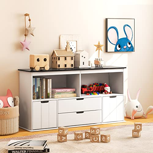 DREAMADE Kinderregal Spielzeugschrank mit 4 Schubladen auf Rollen, Spielzeugaugbewahrug für Kinder, Spielzeug-Organizer Spielzeugregal für Kinderzimmer Wohnzimmer, 121 x 33 x 62 cm (4 Schubladen)