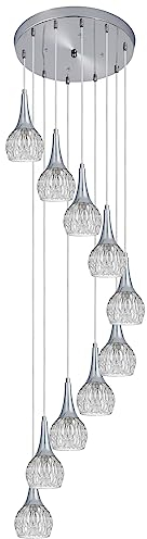 TPMAFF Moderne Spiral-Kronleuchter mit 10 Lichtern, poliertes Chrom, Pendelleuchten, Kunstglasschirm, Kuppel, Lange Kronleuchter, Beleuchtung für Foyer, Eingangsbereich, Treppenhaus, Deckenleuchte