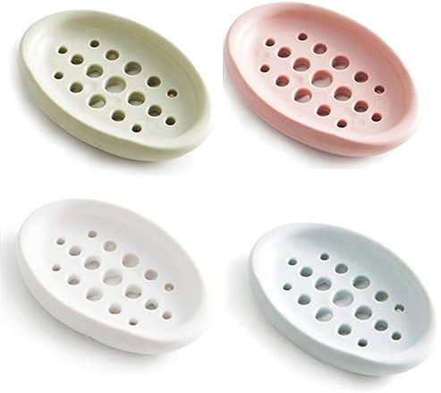 SEIWEI Seifenschale, 4 Stück, grün, blau, weiß und rosa, Seifenhalter, Silikon, Seifenschale, Abfluss, Kleiderbürste, Seifenschale für Badezimmer, Küche, Arbeitsplatte, Reisen