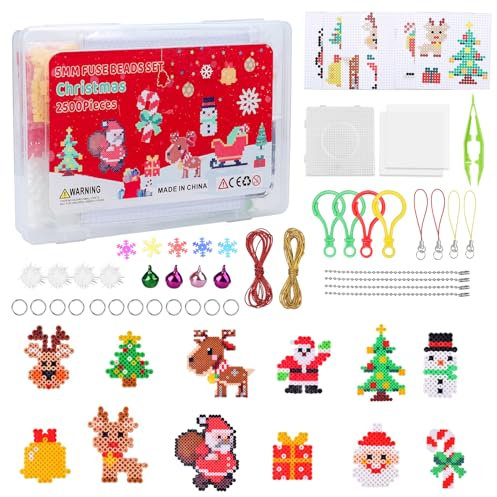 Ensemble de 2500 perles à repasser de Noël, Perles Rebondissantes de 5 mm avec panneau perforé, 15 motifs de papier à repasser, kit de bricolage créatif pour enfants, cadeau de décoration de Noël