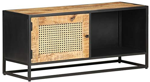 ARKEM TV-Schrank 90x30x40 cm Raues Mangoholz und Wiener Geflecht Fernsehtisch Hoch