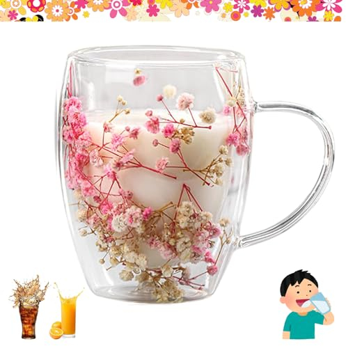 KARPIX Tasses à Double Paroi en Verre avec Fleurs Séchées - Pour Café, Thé, Lait, Boissons Chaudes ou Froides (C)