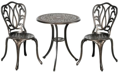 Outsunny 3 Piece Garden Bistro Set with Umbrella Hole for Patio Bronze Tone | Cast Aluminium Outdoor Furniture Set, Garden Furniture, Balcony, Porch