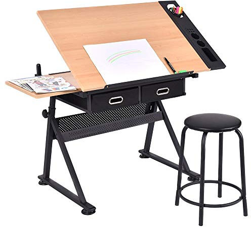 Höhenverstellbarer Zeichentisch, Zeichentisch, Bastelarbeitsplatz, neigbare Tischplatte mit Hocker und Aufbewahrungsschublade, zum Lesen, Schreiben, Kunst