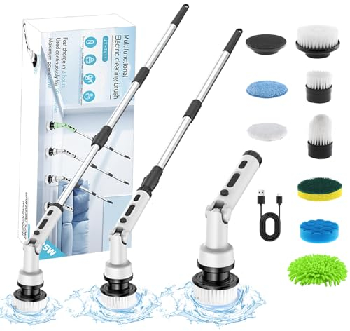 Electric Spin Scrubber, Cordless Bathroom Cleaner, Floor Scrubbing Brush, 3H power scrubber with 9 Replaceable Brushes Heads, Adjustable Angle, Shower Cleaning Brush with Extension Arm