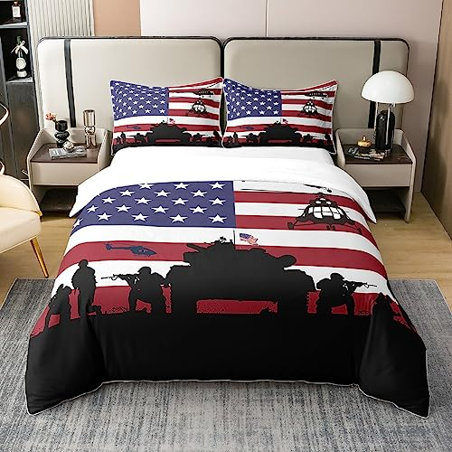 Loussiesd Amerikanische Flagge Bettwäsche für Kinder Soldaten Gewehr Hubschrauber Tank 100% Baumwolle Bettwäsche Set 220x240cm Rote Blaue Sterne Streifen USA Flagge Armee Waffen Militär Daunen