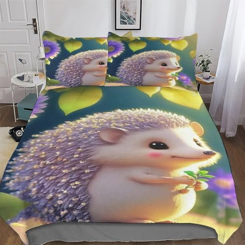 PAZZK Igel Bettwäsche Set 2 teilig Superweiches Microfaser Bettbezug Mit Reißverschluss Und Kopfkissenbezug Deckenbezug Für Jungen Mädchen Bettbezüge Single (135x200cm)