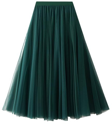 Tüllrock Damen A-Linie Elastischer Hoher Bund Midirock Mesh Großer Saum Langer Rock Elegant Faltenrock Sommerrock,dunkelgrün