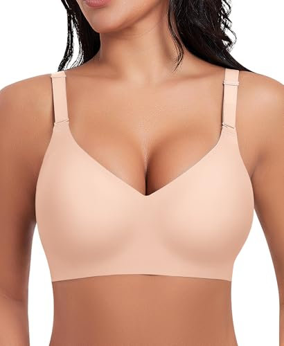 Damen BH Ohne Bügel Nahtloser BH Tiefem V-Ausschnitt Bralette Push Up BHs Soft Bequem BHs Bügellos Bustier (Beige, L)