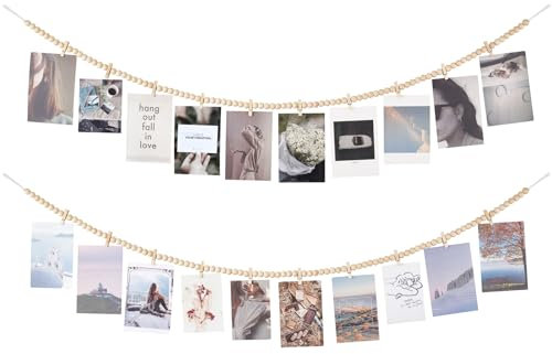 Mkono Hängendes Foto-Display mit Clips, Boho-Holzperlen-Girlande, Banner, Collage-Karte, Bild, Kinder-Kunsthalter, Schnur mit 9 Clips für Schlafzimmer, Wohnzimmer, Büro, Wohnheim-Dekoration,
