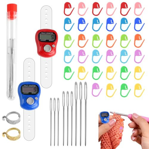 2 Stück Digitale Fingerzähler, 120 Stück Maschenmarkierer Stricken, Locking Stitch Mit Aufbewahrungs Box, Mit 2 geflochtenen Hakenschlaufen, für Stricken, Häkeln oder Basteln