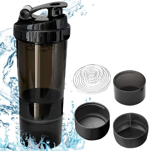 BAIFULAI Shaker à protéines avec compartiment à poudre et 3 organiseurs de comprimés, 500 ml, shaker protéiné, anti-fuite, sans BPA, pour shake protéiné de fitness, noir