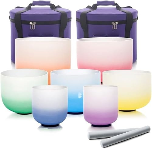 7-12 Inch Candy Colored Crystal Singing Bowls 432hz Chakra Sets With Heavy Duty Carrying Bags 2 Pcs Suede Sticks Rubber Mallets,440hz New case