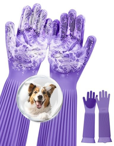 pecute Gant Brosse Chien Chat Allongés, Gant de Toilettage pour Chien Chat, Gants de Massage en Silicone Souple, Gant Chat Brossage Pas de Mains Mouillées, Qualité Alimentaire Violet